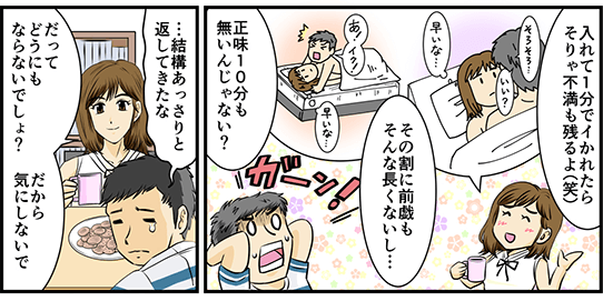 「入れて1分でイかれたらそりゃ不満も残るよ（笑）その割に前戯もそんな長くないし…正味10分も無いんじゃない？」「結構あっさりと返してきたな」「だってどうにもならないでしょ？だから気にしないで」と彼氏が早漏なのを諦めている様子。