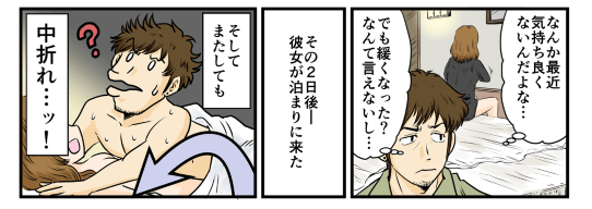 俺は、なんか最近気持ち良くないんだよな…でも緩くなった？なんて言えないし…と思っていた。そして2日後彼女が泊まりに来たのだがまたしても中折れを起こしてしまう。