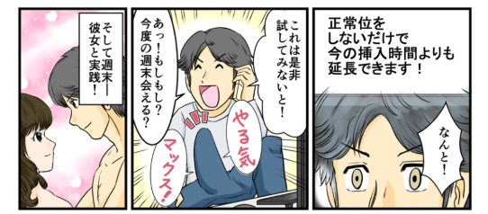 「正常位をしなければ挿入時間を延長できるだと！？」体位を変えるだけで早漏が治るなんて…これは是非試してみないと…。俺はやる気マックスの息子とともに早速彼女に電話をし、週末の約束をするのであった…！