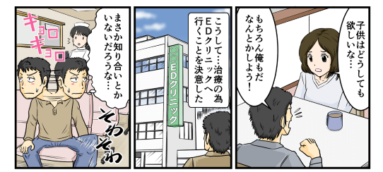 後日、どうしても子供が欲しいと夫婦で話し合い、子作り継続の為EDクリニックへ行くことを決意した。『まさか知り合いとかいないだろうな…』なんて考えてそわそわしてしまった。