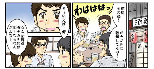 男だらけの飲み会。盛り上がってきた頃話題は勃起の話へ…。「そういえば…俺、なんか最近ガチガチには固くならねんだよなー」自分の勃起の硬さに満足していないことを、酔っ払った勢いで口走ってしまった。