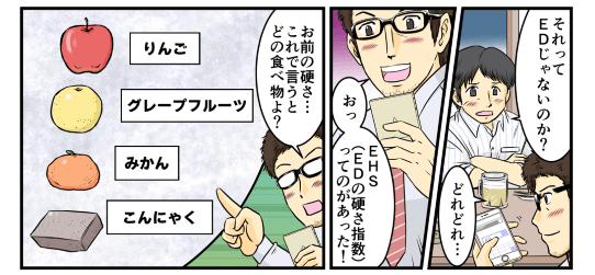 「それってEDじゃないのか？」「どれどれ…」友人がスマートフォンで見つけたのが、EHS（EDの硬さ指数）というものだった。「お前の硬さ…これで言うとどの食べ物よ？」友人はりんご・グレープフルーツ・みかん・こんにゃく、と４つの食べ物を挙げた。