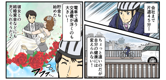 会社までは片道45分でちょっと遠いのだが、自分の健康には代えられない！電車で通う交通費が浮くのも大きい！貯金も始めたし…これなら彼女との結婚資金などにも充てられそうだ♪