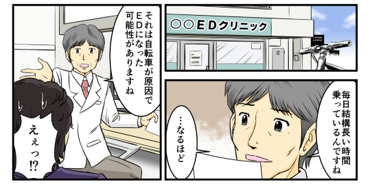 紹介してもらったEDクリニックへ行き、相談をしてみた。すると医者は、『毎日結構長い時間乗っているんですね…なるほど。それは自転車が原因でEDになった可能性がありますね』とのこと。「えぇっ！？」思いもよらない原因に俺は驚きを隠せなかった。